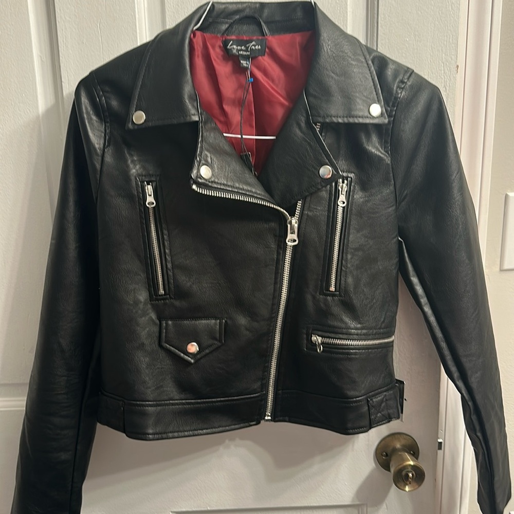 Love Tree Black Leather Jacket with Red Lining